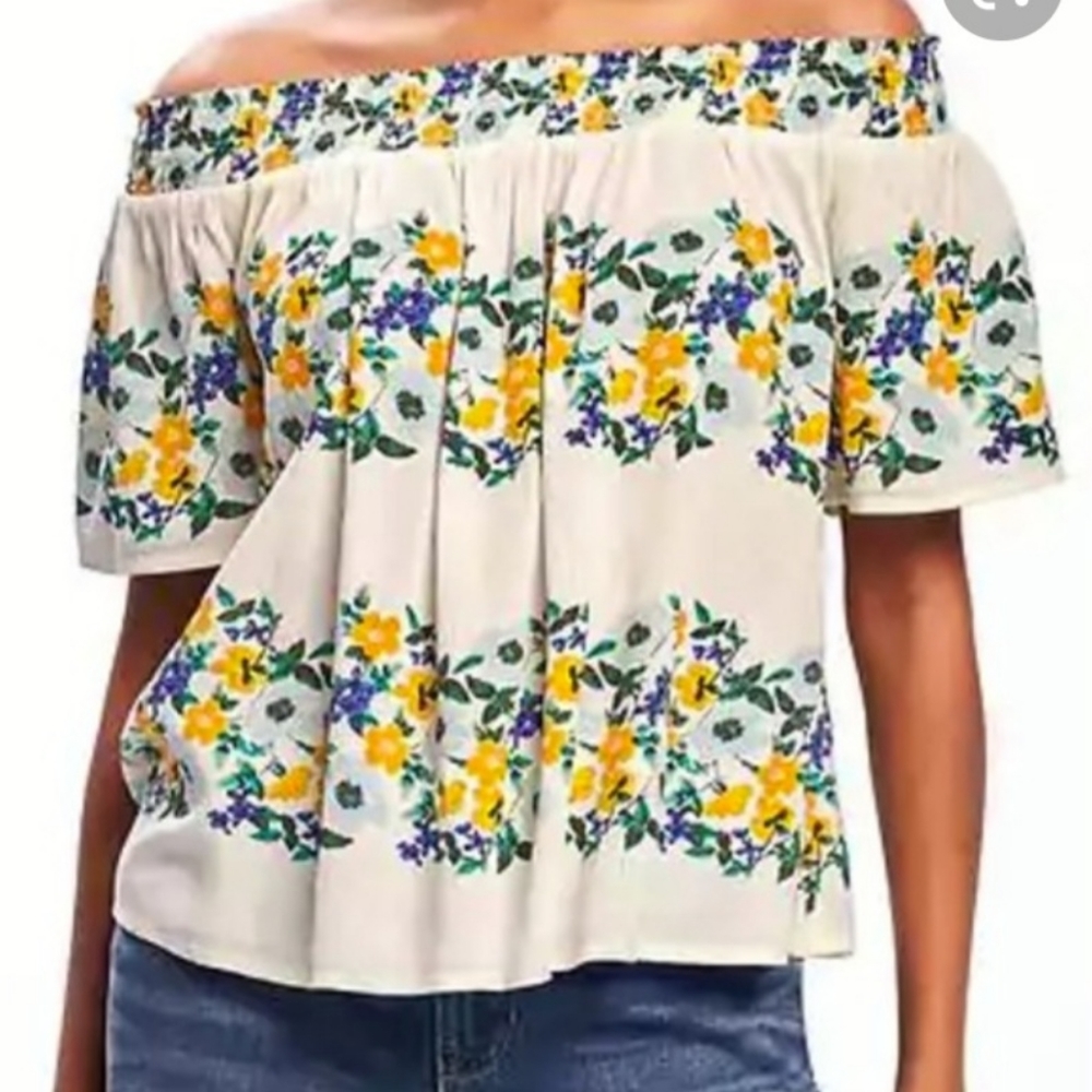 Old Navy Cream Off-Shoulder Floral Top with Yellow & Purple Flowers